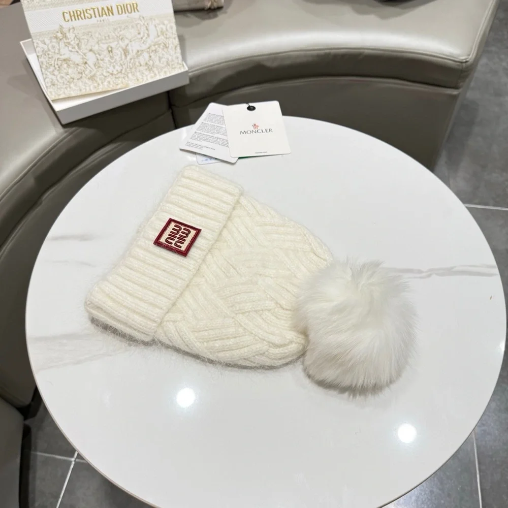 Miu Miu Off-White Knit Pom Beanie with Red Logo Patch